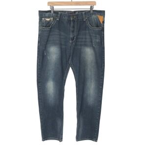 OG JEANS Straight Leg Sz 38x32 (38x30) Denim Distressed Leather Pocket‎ Accent